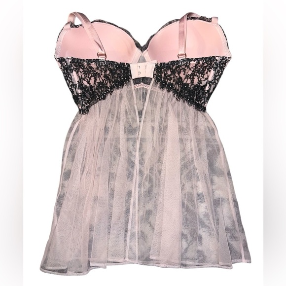 {EUC Victoria's Secret Push Up Chemise Bustier Baby Pink Mesh Black Lace 36D} - Picture 2 of 7